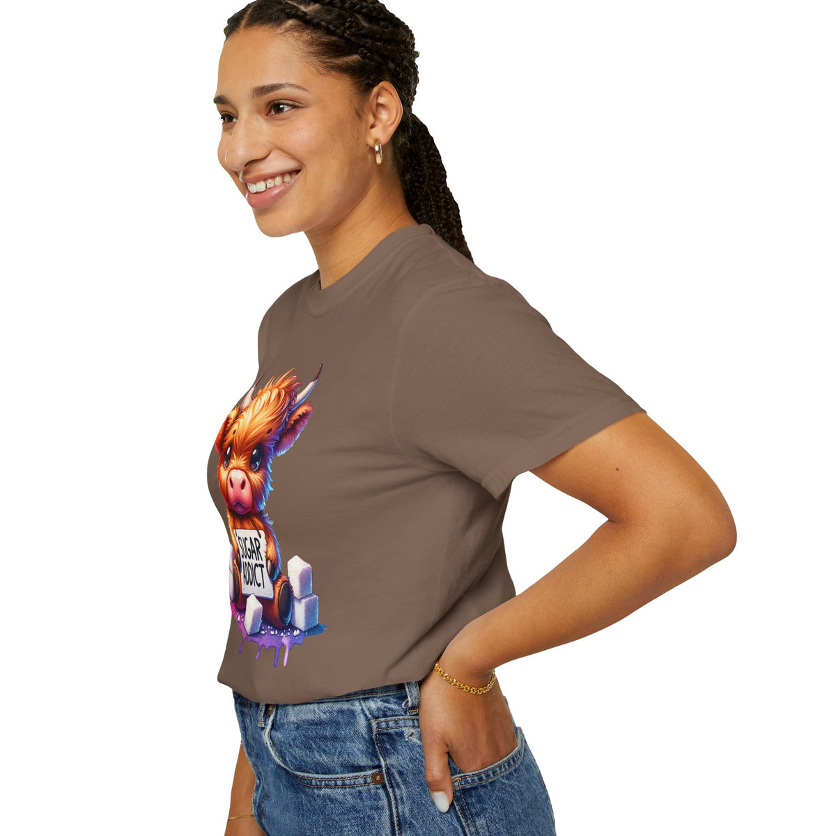 Sugar Addict Highland Cow - Comfort Colors | Trendy Women's T-Shirt. Direct to Garment. Printed & Shipped in the USA. Unisex Sizes.