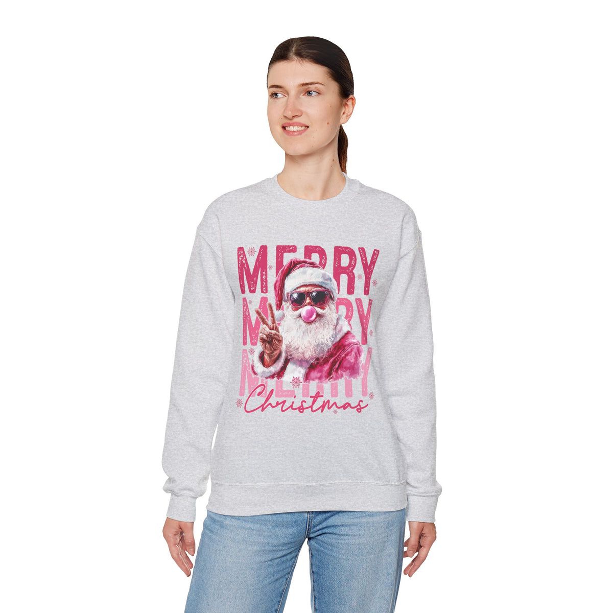 Pink Merry Christmas Bubblegum Santa – Gildan Heavy Blend | Trendy Women’s Soft Sweatshirt. Direct to Garment. Printed & Shipped in the USA. Unisex Sizes.