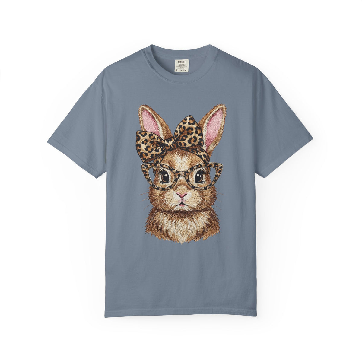 Bunny with Leopard Bow and Glasses - Comfort Colors | Trendy Women's T-Shirt. Direct to Garment. Printed & Shipped in the USA. Unisex Sizes.