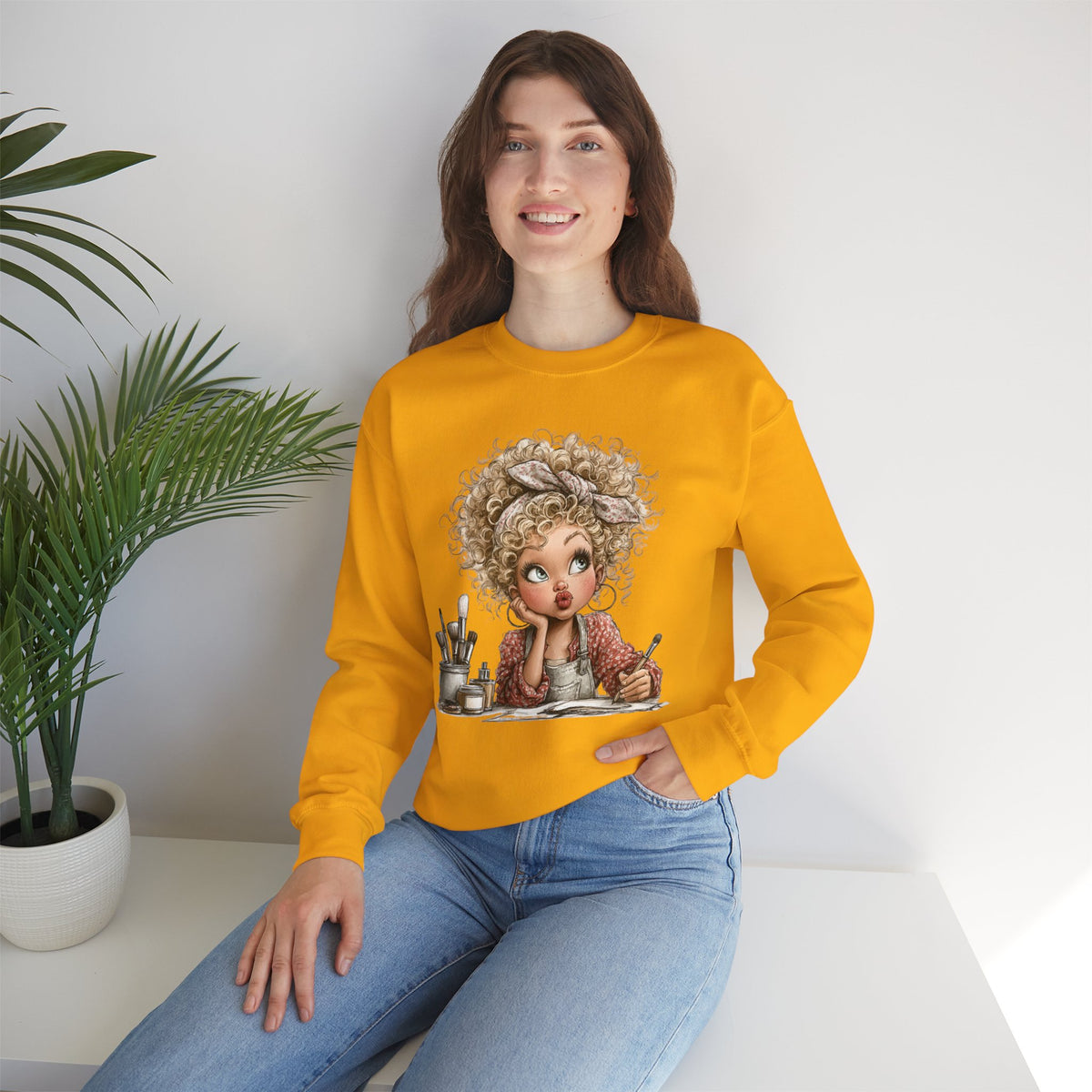 Cute Artist Curly Girl – Gildan Heavy Blend | Trendy Women’s Soft Sweatshirt. Direct to Garment. Printed & Shipped in the USA. Unisex Sizes.
