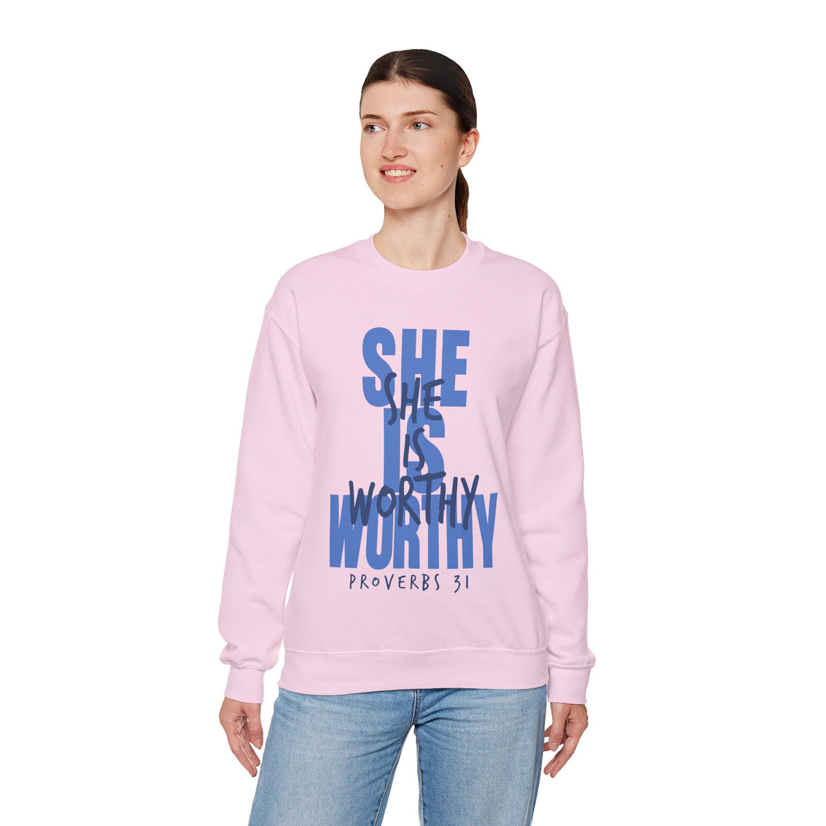 She Is Worthy – Gildan Heavy Blend | Trendy Women’s Soft Sweatshirt. Direct to Garment. Printed & Shipped in the USA. Unisex Sizes.