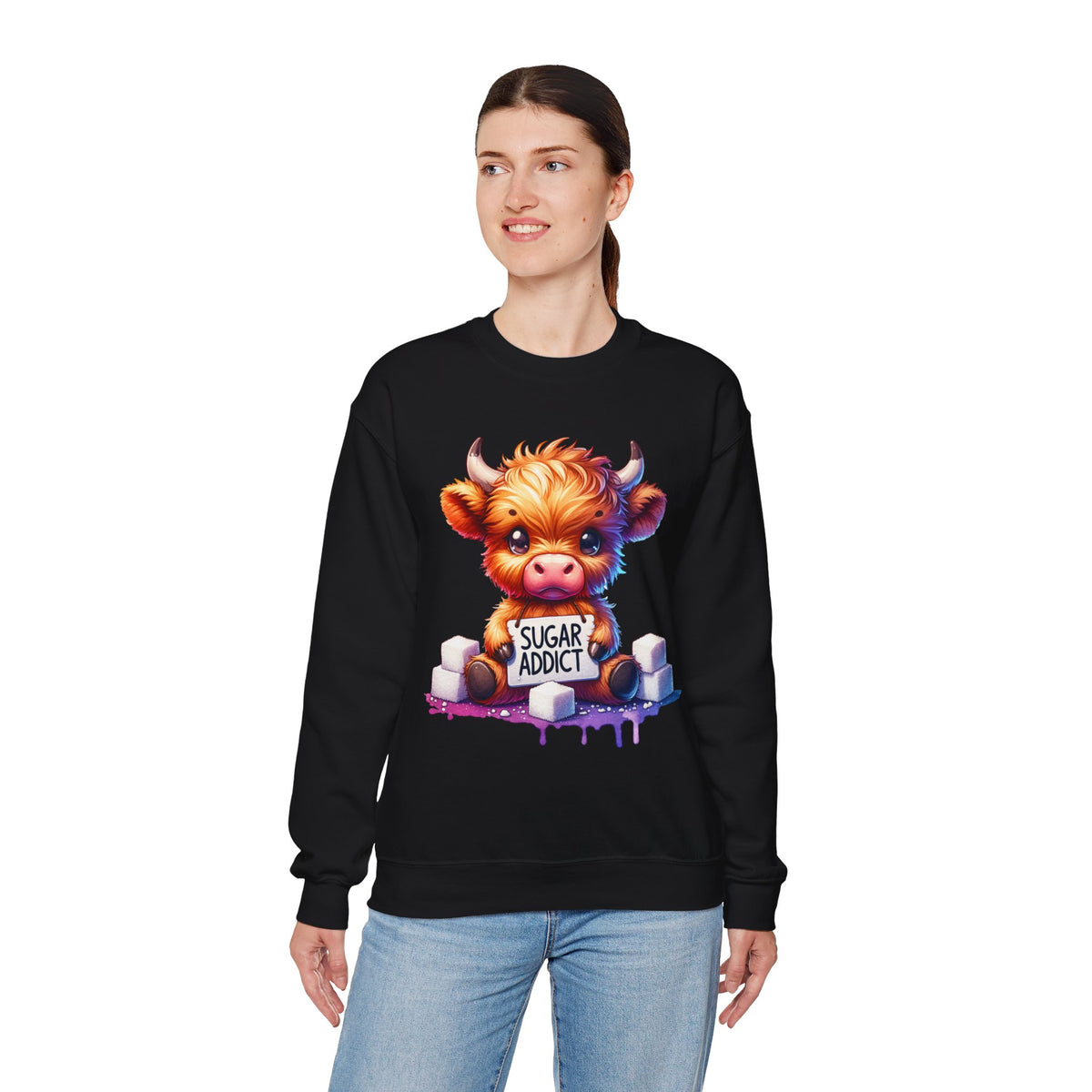 Sugar Addict Highland Cow – Gildan Heavy Blend | Trendy Women’s Soft Sweatshirt. Direct to Garment. Printed & Shipped in the USA. Unisex Sizes.