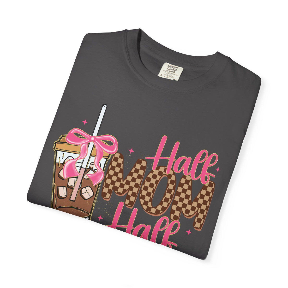 Half Mom Half Coffee. Cute Leopard Print Coffee Design - Comfort Colors | Trendy Women's T-Shirt. Direct to Garment. Printed & Shipped in the USA. Unisex Sizes.