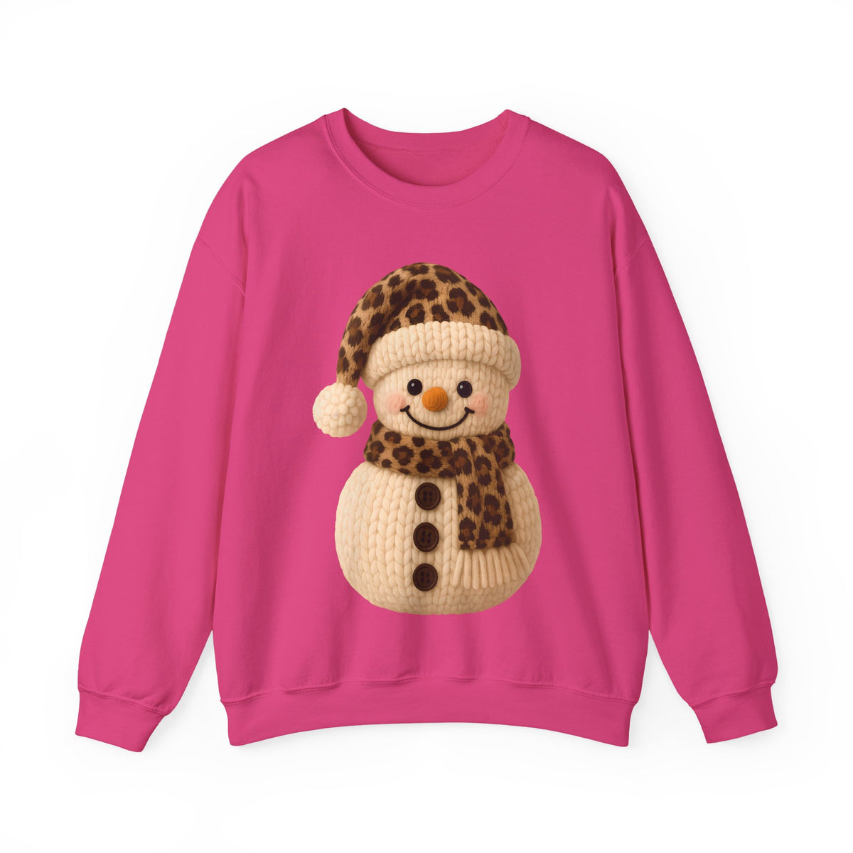 Cute Leopard Faux Knit Snowman Winter – Gildan Heavy Blend | Trendy Women’s Soft Sweatshirt. Direct to Garment. Printed & Shipped in the USA. Unisex Sizes.