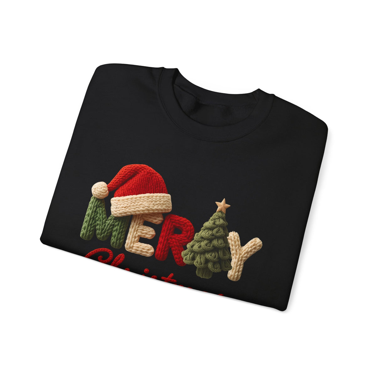 Merry Christmas Faux Yarn w/Santa Hat & Tree – Gildan Heavy Blend | Trendy Women’s Soft Sweatshirt. Direct to Garment. Printed & Shipped in the USA. Unisex Sizes.