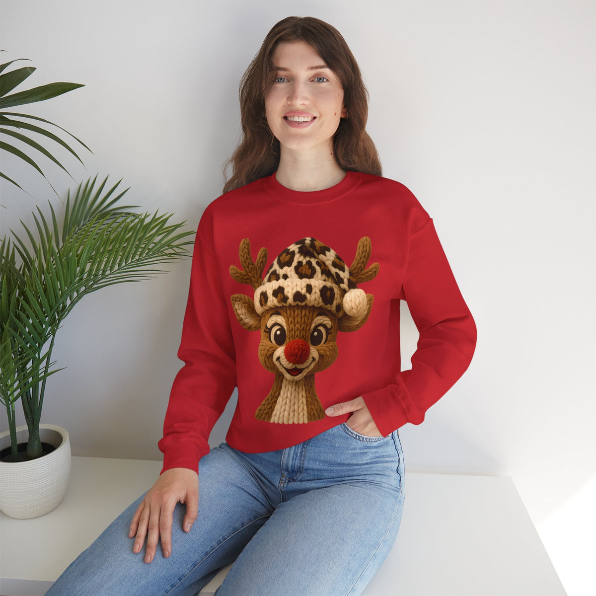Rudolph Reindeer Leopard Santa Hat Christmas – Gildan Heavy Blend | Trendy Women’s Soft Sweatshirt. Direct to Garment. Printed & Shipped in the USA. Unisex Sizes.