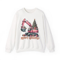 Excavator Merry Christmas Construction – Gildan Heavy Blend | Trendy Women’s Soft Sweatshirt. Direct to Garment. Printed & Shipped in the USA. Unisex Sizes.