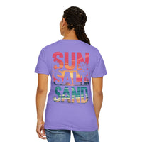 Sun Salt Sand, Beach Sunset - Front & Back Print - Comfort Colors | Trendy Women's and Men's T-Shirt. Direct to Garment. Printed & Shipped in the USA. Unisex Sizes.