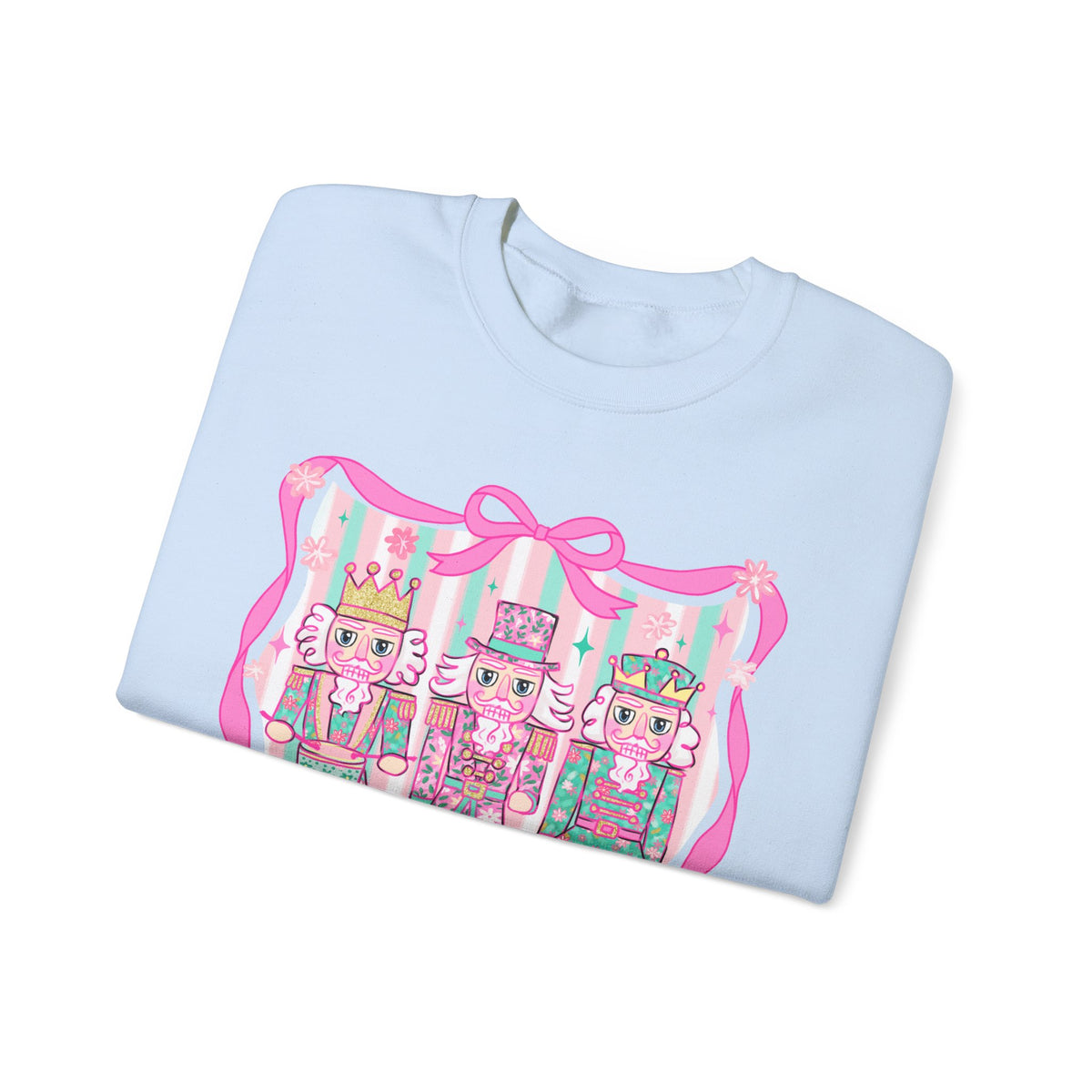 Coquette Pastel Christmas Nutcracker Trio Pink and Green – Gildan Heavy Blend | Trendy Women’s Soft Sweatshirt. Direct to Garment. Printed & Shipped in the USA. Unisex Sizes.