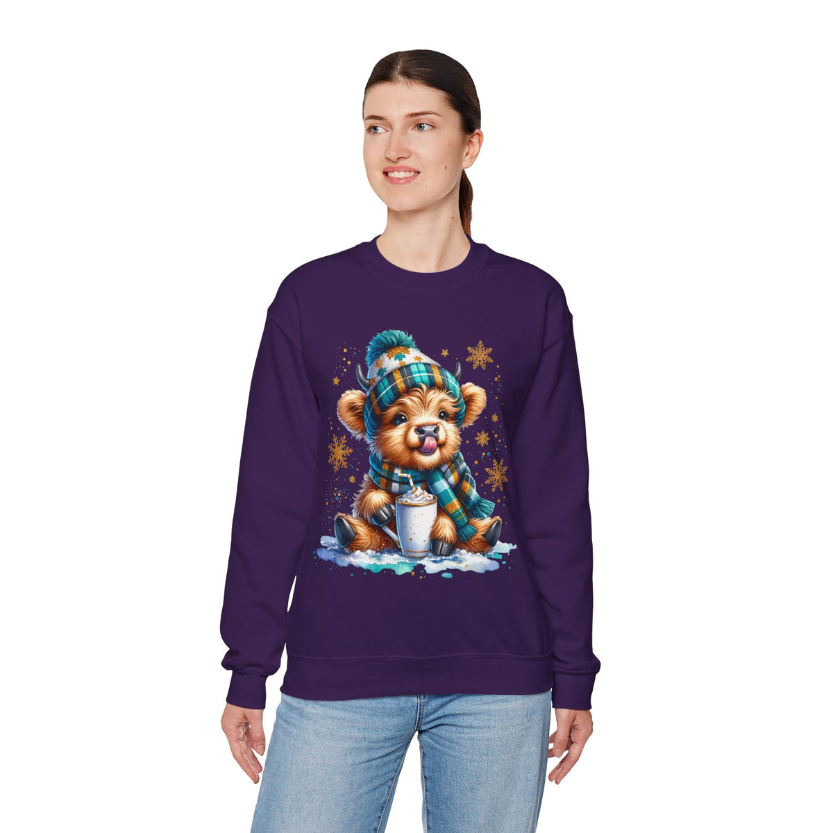 Winter Baby Highland Cow with Cocoa – Gildan Heavy Blend | Trendy Women’s Soft Sweatshirt. Direct to Garment. Printed & Shipped in the USA. Unisex Sizes.
