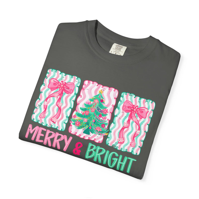 Merry & Bright Christmas — Pink & Green Holiday Tree Design - Comfort Colors | Trendy Women's T-Shirt. Direct to Garment. Printed & Shipped in the USA. Unisex Sizes.