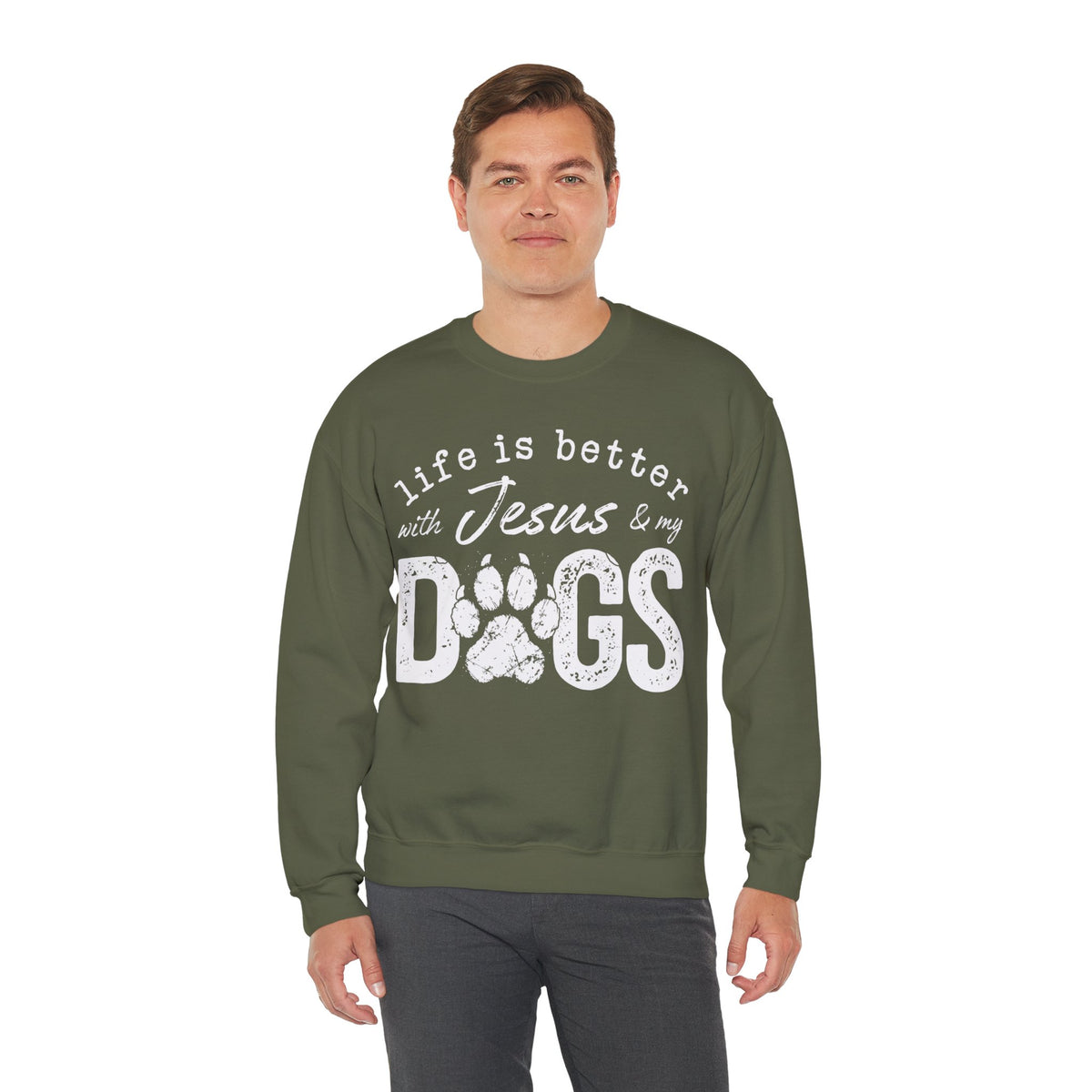 Life is Better With Jesus and My Dogs – Gildan Heavy Blend | Trendy Women’s and Men's Soft Sweatshirt. Direct to Garment. Printed & Shipped in the USA. Unisex Sizes.