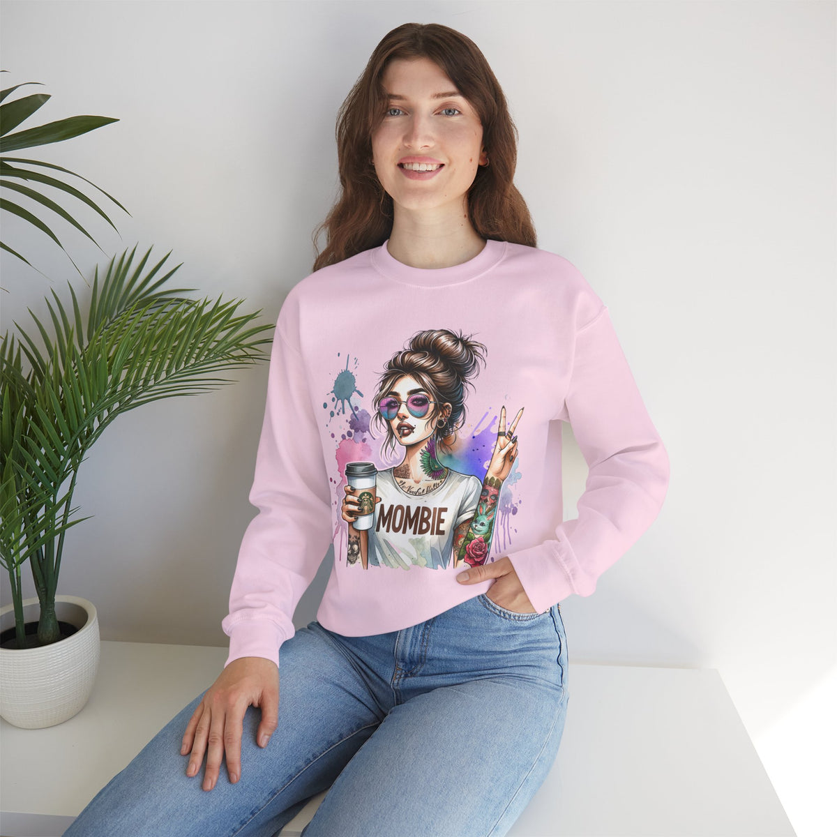 Cool Mombie with Coffee Peace Tattoo - Tired Mom – Gildan Heavy Blend | Trendy Women’s Soft Sweatshirt. Direct to Garment. Printed & Shipped in the USA. Unisex Sizes.
