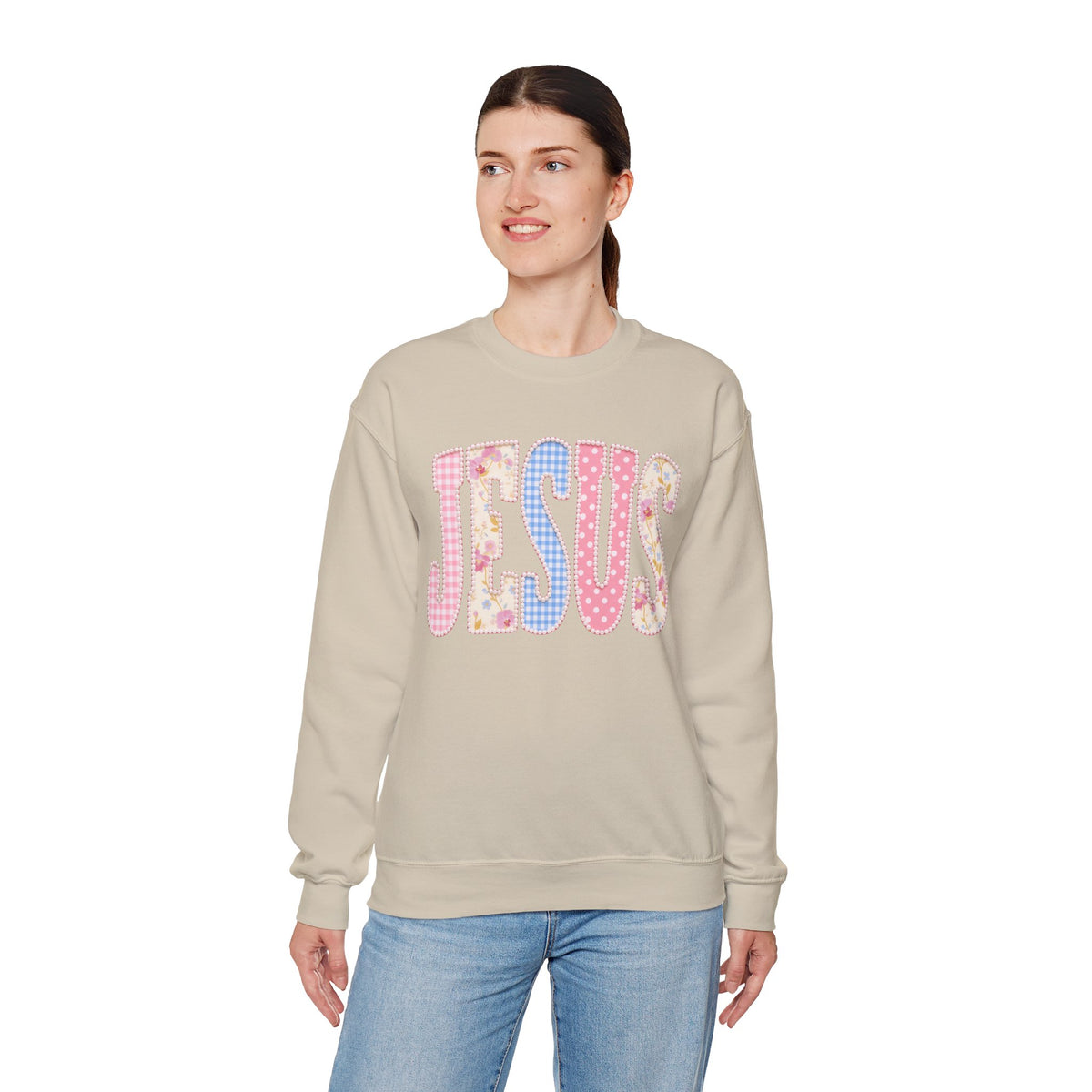 JESUS Pastel Faux Patchwork – Gildan Heavy Blend | Trendy Women’s Soft Sweatshirt. Direct to Garment. Printed & Shipped in the USA. Unisex Sizes.