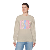 JESUS Pastel Faux Patchwork – Gildan Heavy Blend | Trendy Women’s Soft Sweatshirt. Direct to Garment. Printed & Shipped in the USA. Unisex Sizes.
