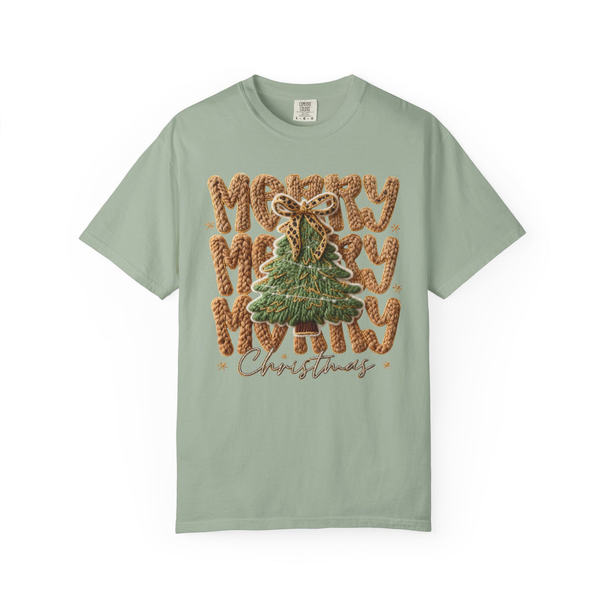 Merry Merry Merry Christmas, Faux Latch Hook Yarn - Comfort Colors | Trendy Women's T-Shirt. Direct to Garment. Printed & Shipped in the USA. Unisex Sizes.