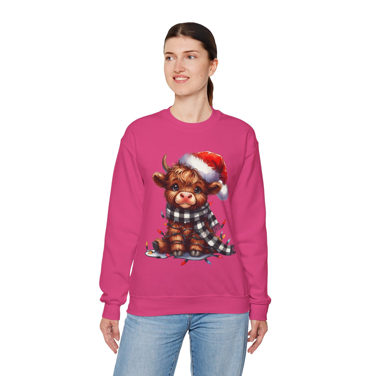 Cute Highland Cow Santa Hat Scarf Christmas Lights – Gildan Heavy Blend | Trendy Women’s Soft Sweatshirt. Direct to Garment. Printed & Shipped in the USA. Unisex Sizes.