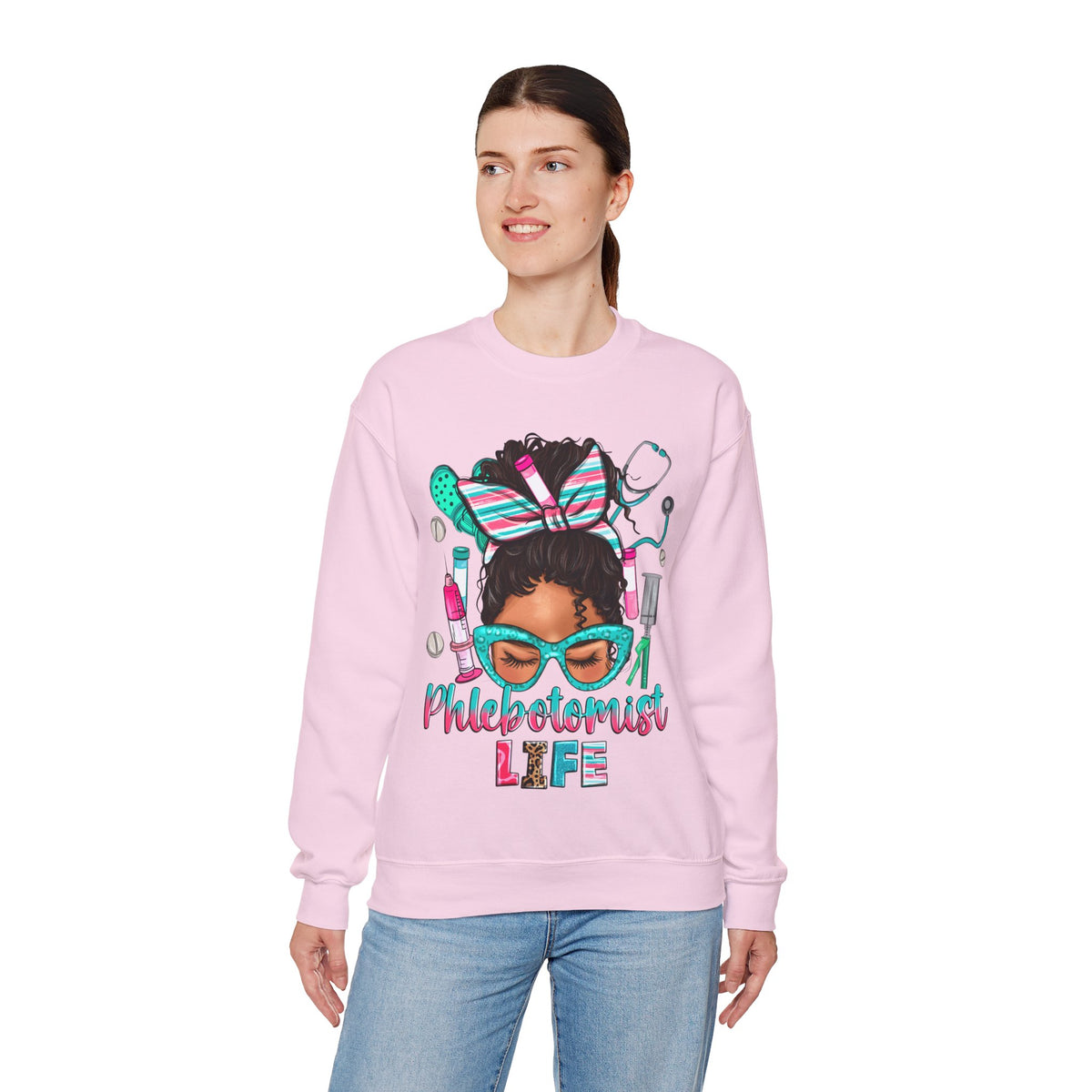 Phlebotomist Life, Messy Bun – Gildan Heavy Blend | Trendy Women’s Soft Sweatshirt. Direct to Garment. Printed & Shipped in the USA. Unisex Sizes.