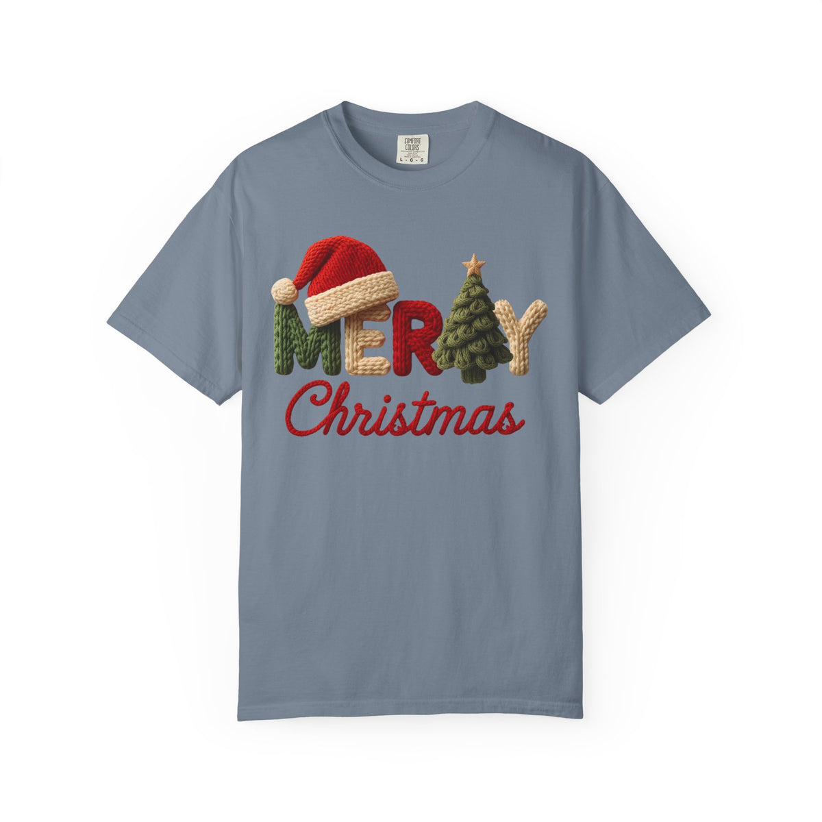 Merry Christmas Faux Yarn w/Santa Hat & Tree - Comfort Colors | Trendy Women's T-Shirt. Direct to Garment. Printed & Shipped in the USA. Unisex Sizes.