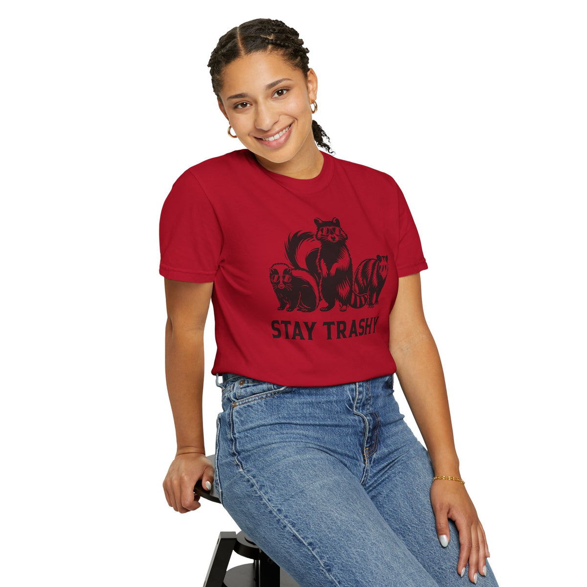 Stay Trashy, Skunk Raccoon Possum - Comfort Colors | Trendy Women's and Men's T-Shirt. Direct to Garment. Printed & Shipped in the USA. Unisex Sizes.