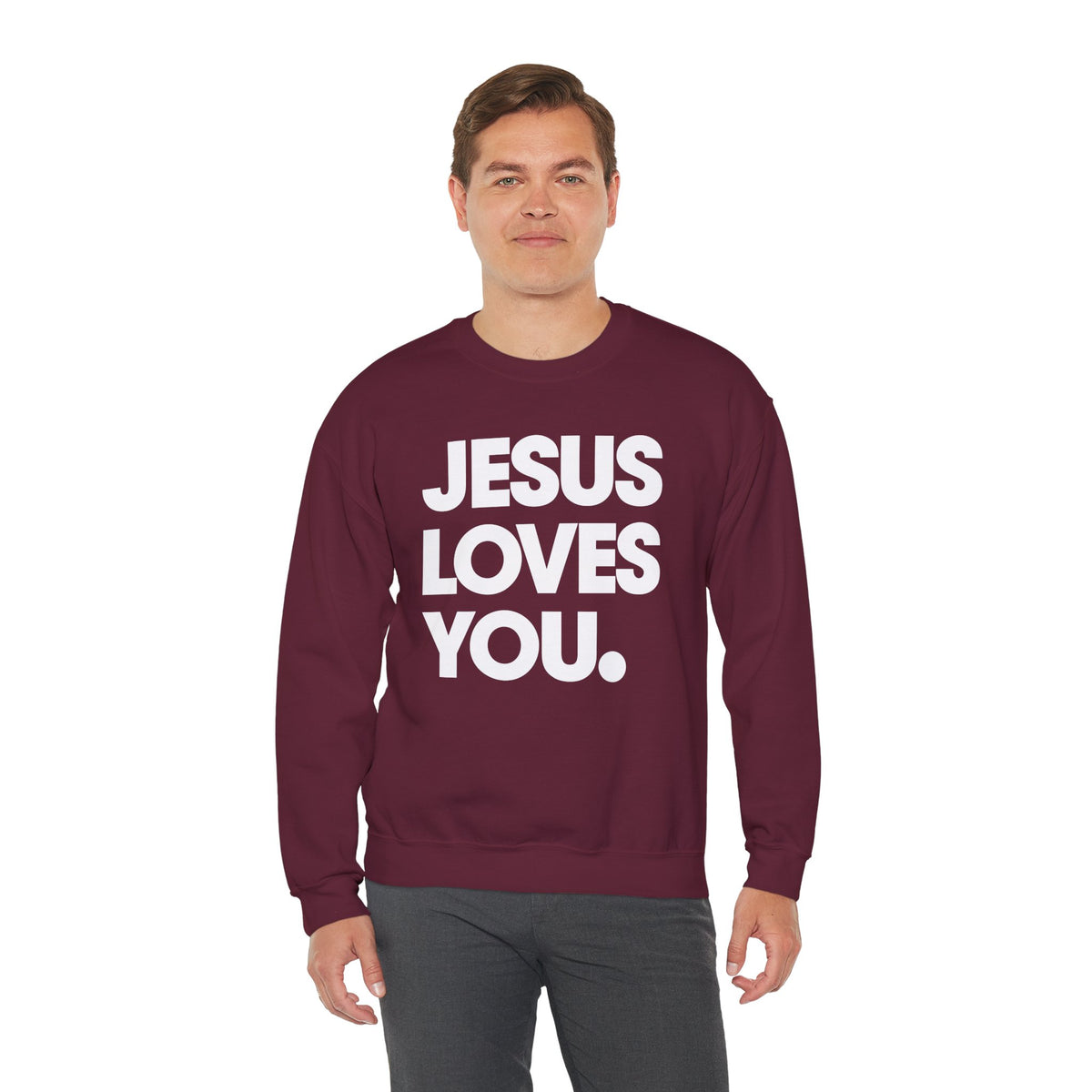 Jesus Loves You – Gildan Heavy Blend | Trendy Women’s and Men's Soft Sweatshirt. Direct to Garment. Printed & Shipped in the USA. Unisex Sizes.