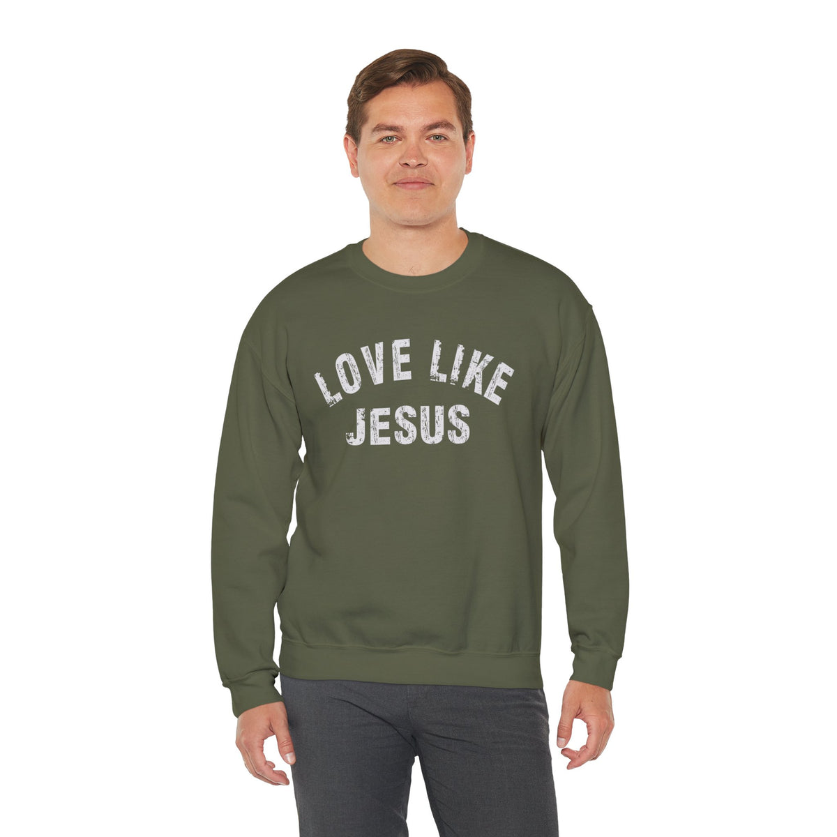 Love Like Jesus - Distressed – Gildan Heavy Blend | Trendy Men's and Women’s Soft Sweatshirt. Direct to Garment. Printed & Shipped in the USA. Unisex Sizes.