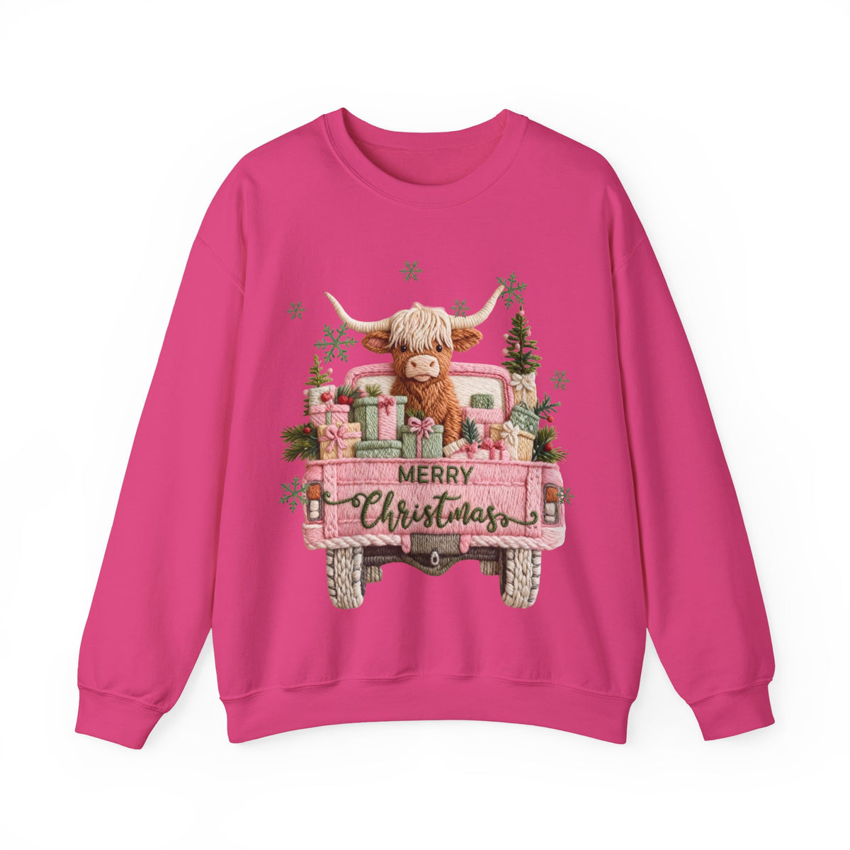 Highland Cow in Pink Truck Merry Christmas Holiday Farmhouse – Gildan Heavy Blend | Trendy Women’s Soft Sweatshirt. Direct to Garment. Printed & Shipped in the USA. Unisex Sizes.