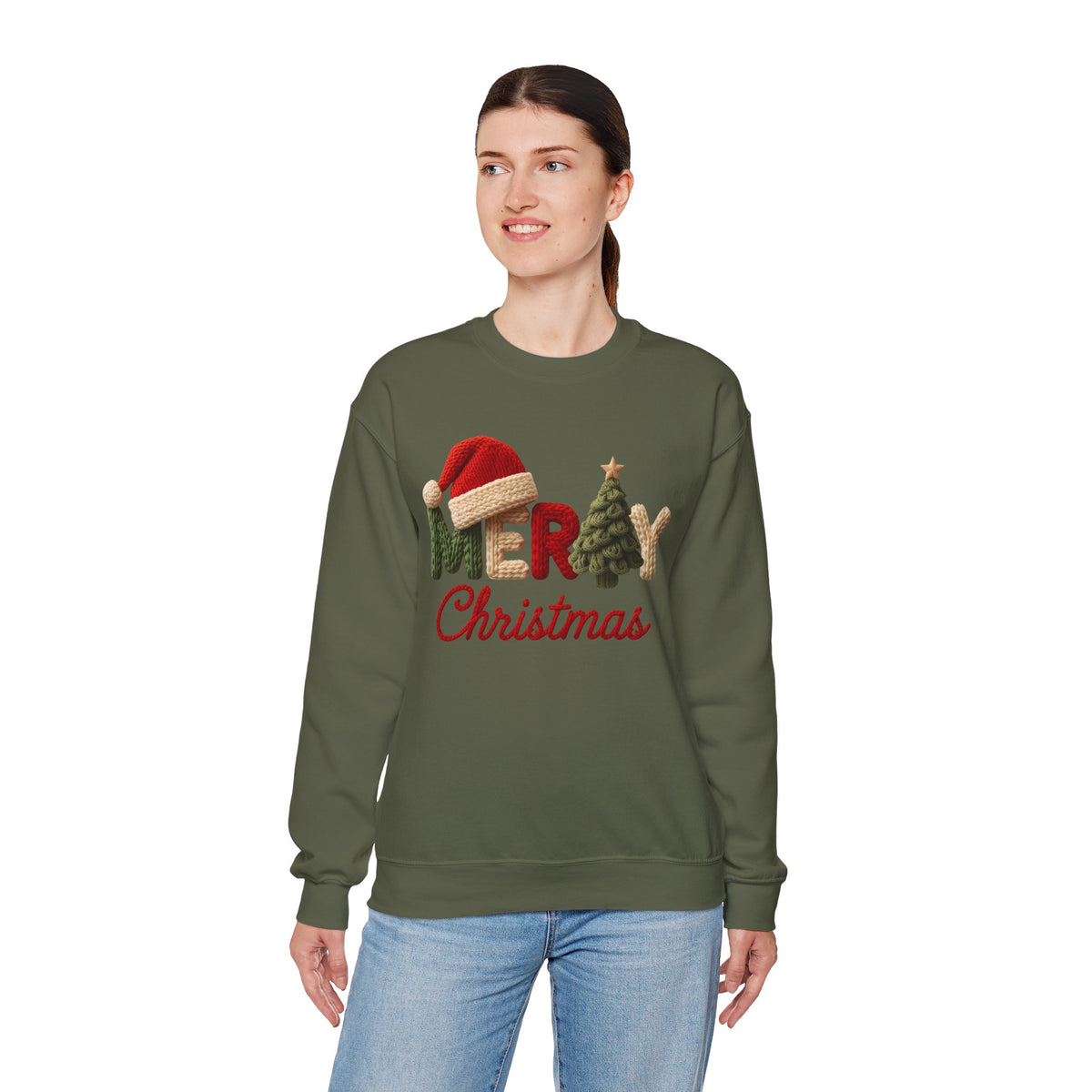 Merry Christmas Faux Yarn w/Santa Hat & Tree – Gildan Heavy Blend | Trendy Women’s Soft Sweatshirt. Direct to Garment. Printed & Shipped in the USA. Unisex Sizes.