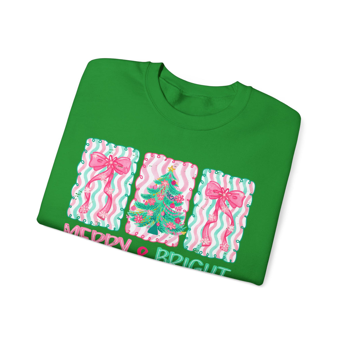 Merry & Bright Christmas - Pink & Green Holiday Tree Design – Gildan Heavy Blend | Trendy Women’s Soft Sweatshirt. Direct to Garment. Printed & Shipped in the USA. Unisex Sizes.