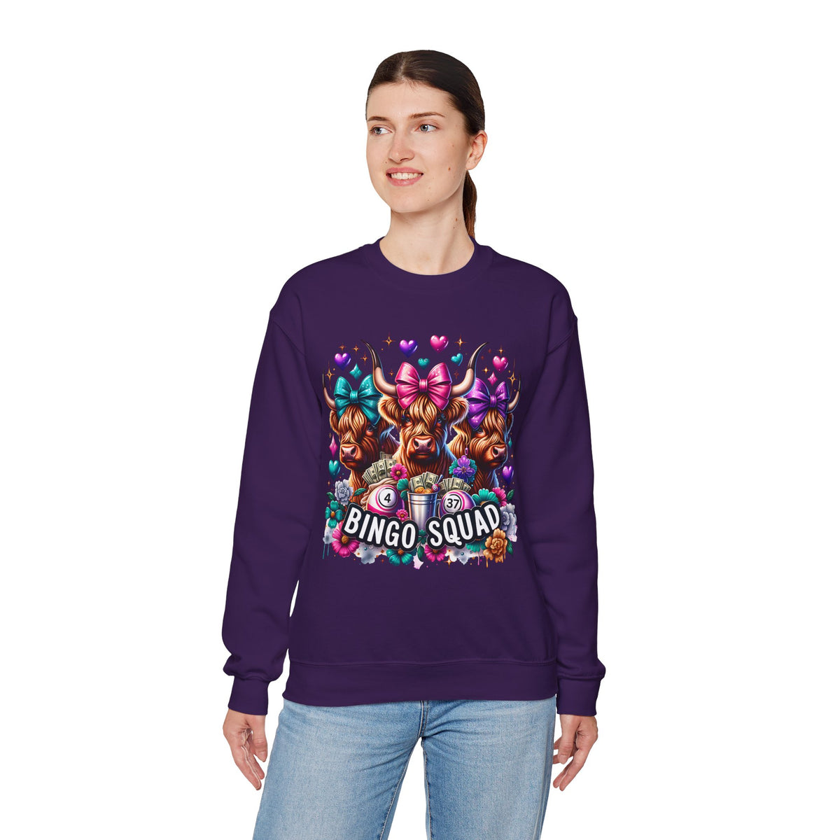 Cute Highland Cows Bingo Squad – Gildan Heavy Blend | Trendy Women’s Soft Sweatshirt. Direct to Garment. Printed & Shipped in the USA. Unisex Sizes.