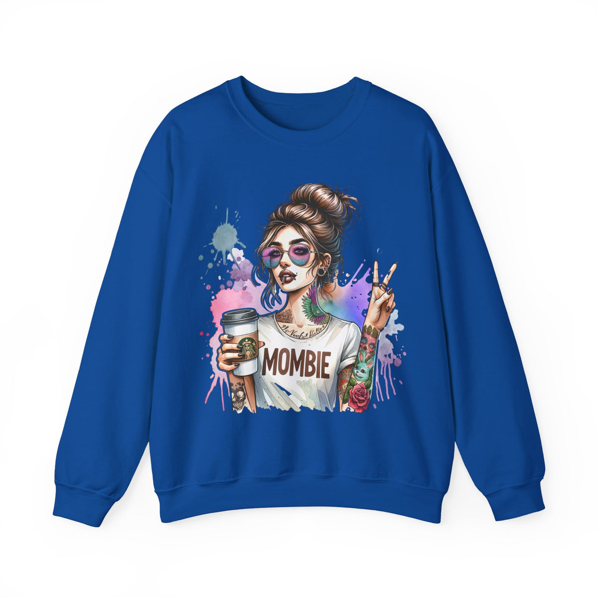Cool Mombie with Coffee Peace Tattoo - Tired Mom – Gildan Heavy Blend | Trendy Women’s Soft Sweatshirt. Direct to Garment. Printed & Shipped in the USA. Unisex Sizes.