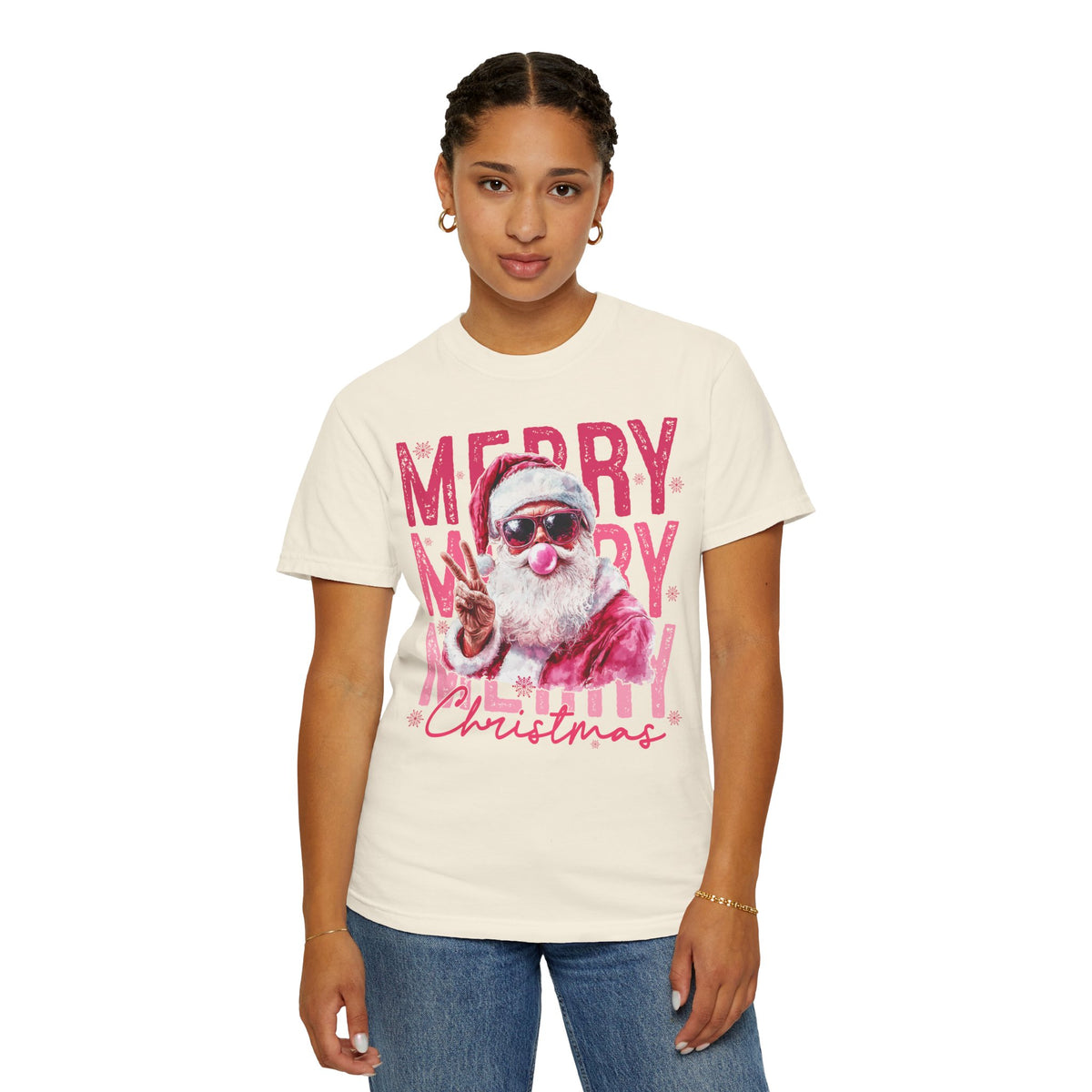 Pink Merry Christmas Bubblegum Santa - Comfort Colors | Trendy Women's T-Shirt. Direct to Garment. Printed & Shipped in the USA. Unisex Sizes.