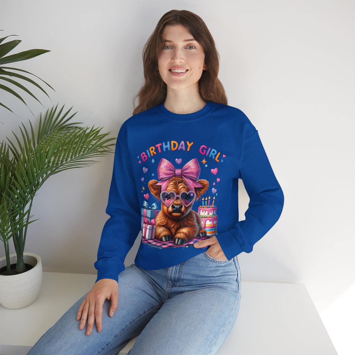 Birthday Girl, Highland Cow – Gildan Heavy Blend | Trendy Women’s Soft Sweatshirt. Direct to Garment. Printed & Shipped in the USA. Unisex Sizes.