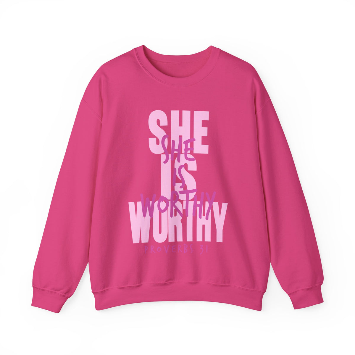 She Is Worthy – Gildan Heavy Blend | Trendy Women’s Soft Sweatshirt. Direct to Garment. Printed & Shipped in the USA. Unisex Sizes.