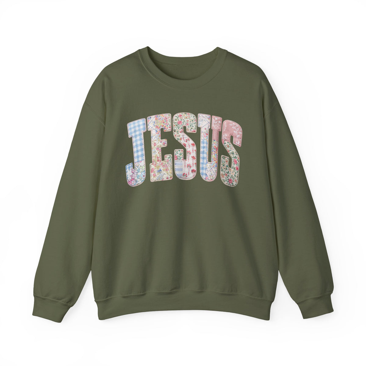 Jesus faux Patchwork – Gildan Heavy Blend | Trendy Women’s Soft Sweatshirt. Direct to Garment. Printed & Shipped in the USA. Unisex Sizes.
