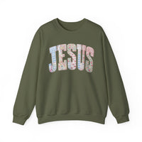 Jesus faux Patchwork – Gildan Heavy Blend | Trendy Women’s Soft Sweatshirt. Direct to Garment. Printed & Shipped in the USA. Unisex Sizes.