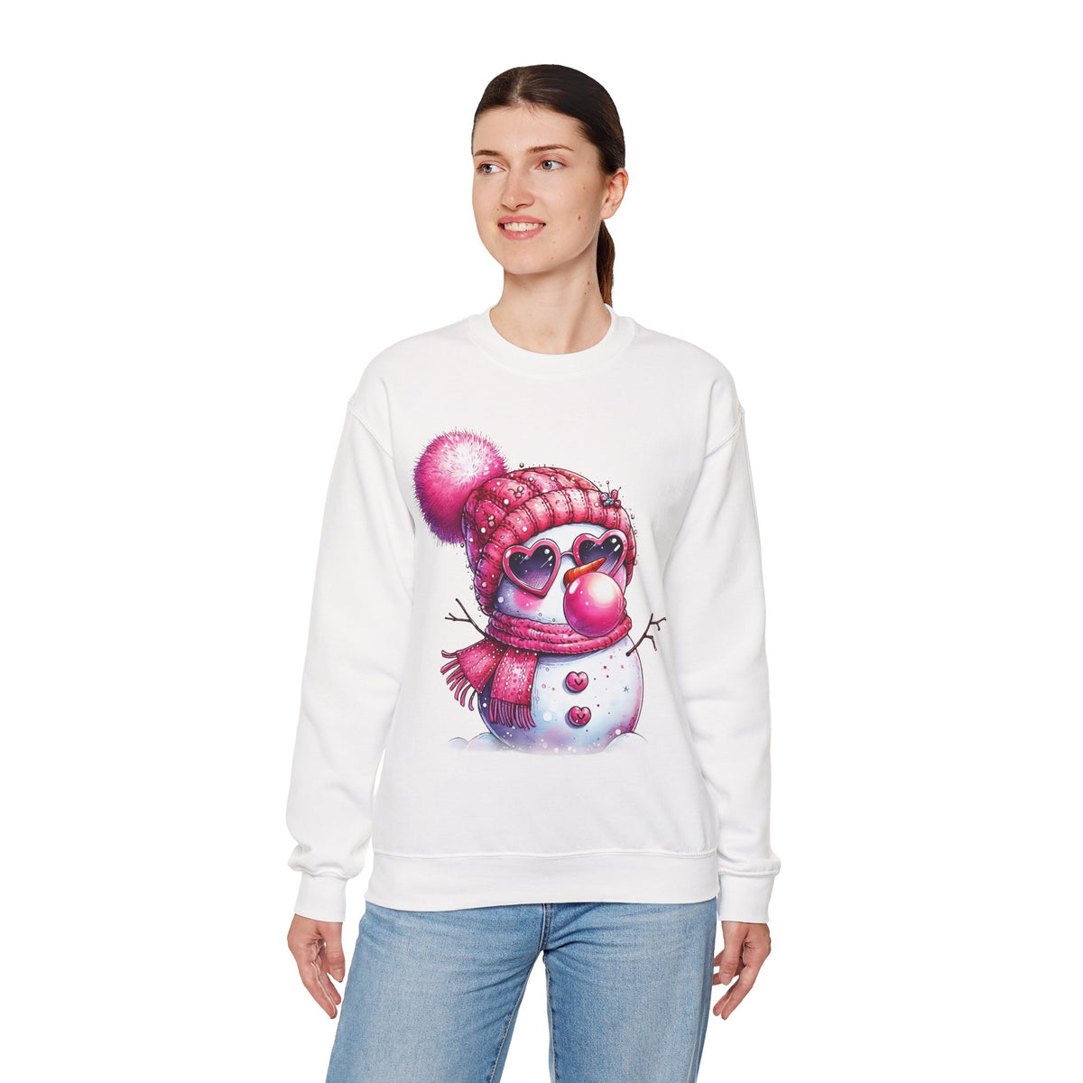 Pink Girly Snowman with Heart Sunglasses and Bubblegum - Winter – Gildan Heavy Blend | Trendy Women’s Soft Sweatshirt. Direct to Garment. Printed & Shipped in the USA. Unisex Sizes.