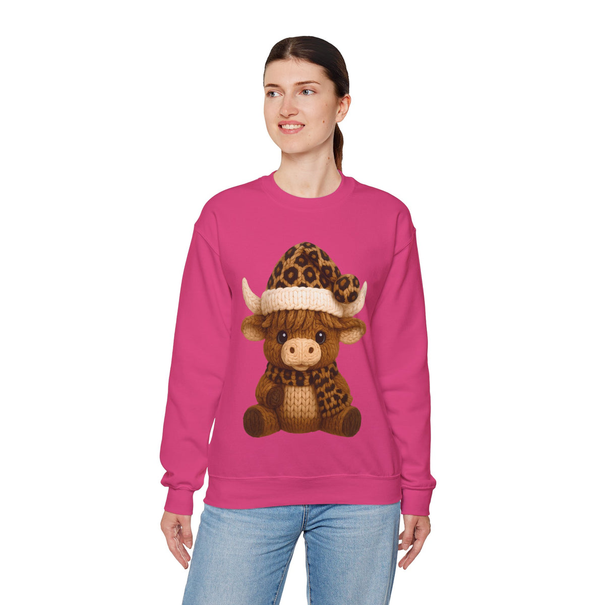 Cute Highland Cow with Leopard Santa Hat Christmas – Gildan Heavy Blend | Trendy Women’s Soft Sweatshirt. Direct to Garment. Printed & Shipped in the USA. Unisex Sizes.