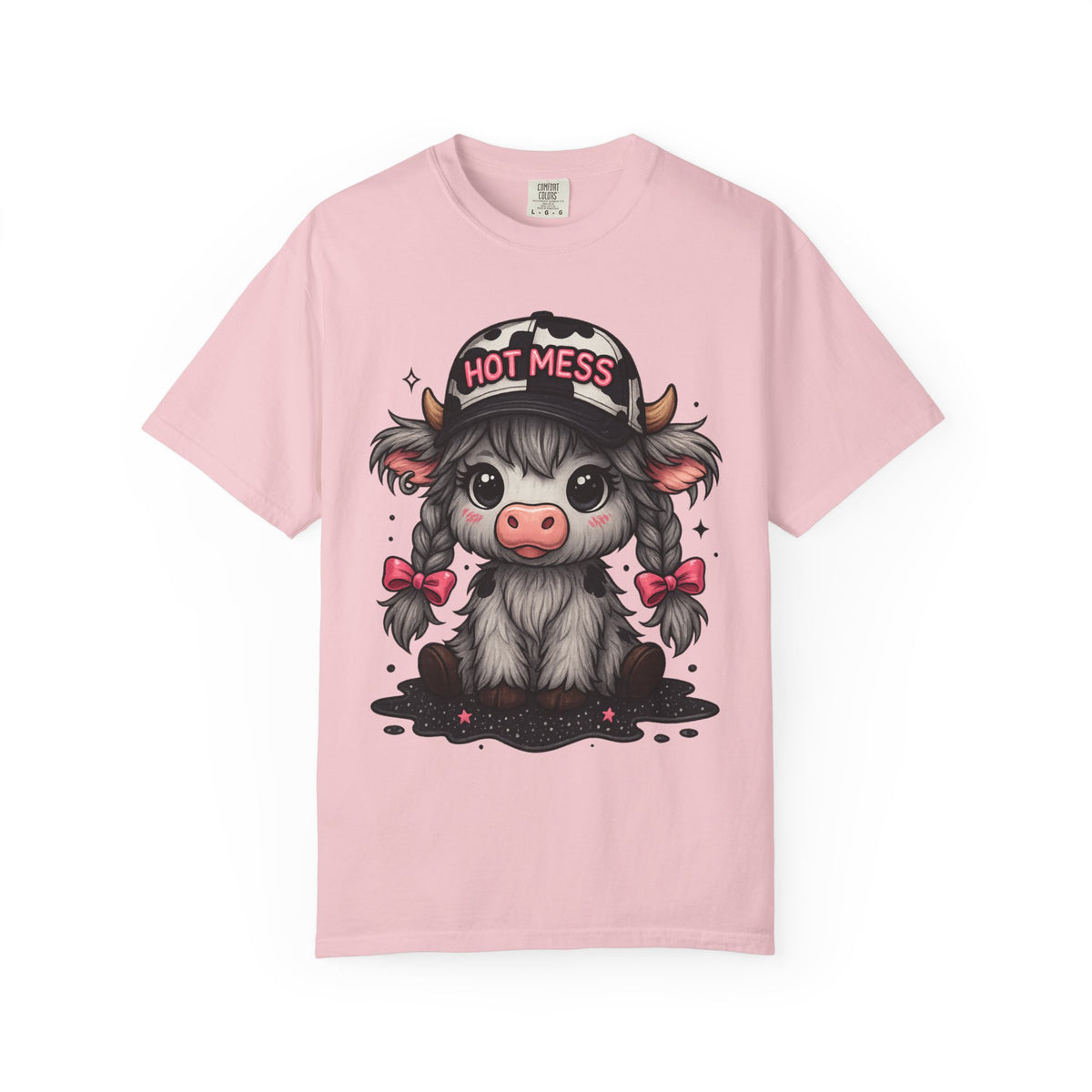 Cute Highland Cow 'Hot Mess' In Braids  - Comfort Colors | Trendy Women's T-Shirt. Direct to Garment. Printed & Shipped in the USA. Unisex Sizes.