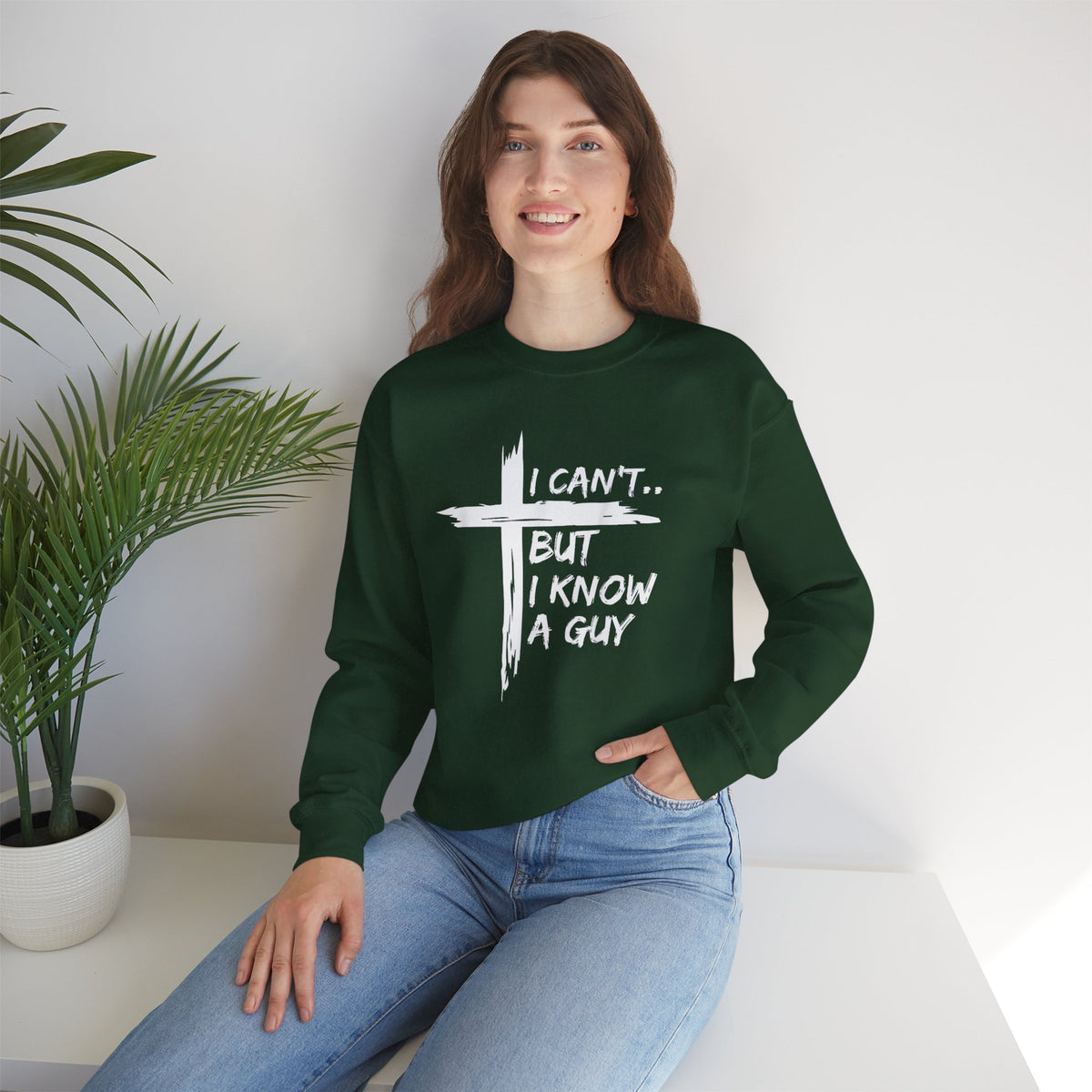 I Can't But I Know A Guy, Faith Cross Christian Jesus – Gildan Heavy Blend | Trendy Women’s and Men's Soft Sweatshirt. Direct to Garment. Printed & Shipped in the USA. Unisex Sizes.