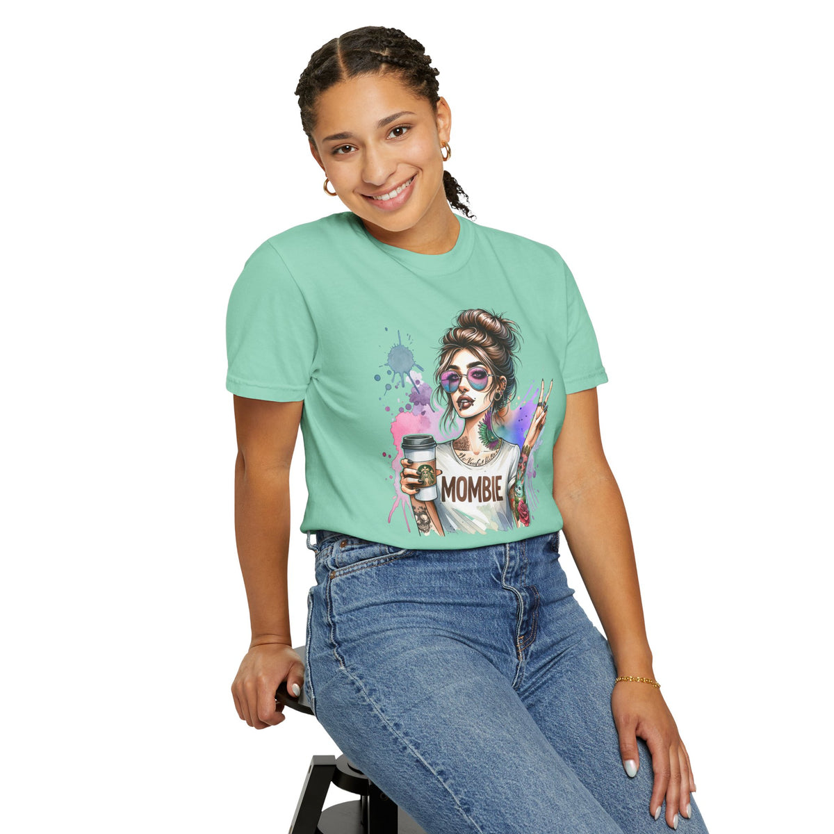 Cool Mombie with Coffee Peace Tattoo - Comfort Colors | Trendy Women's T-Shirt. Direct to Garment. Printed & Shipped in the USA. Unisex Sizes.