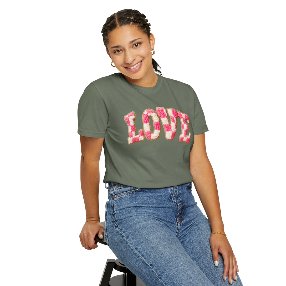 Faux Crochet Checkered LOVE - Comfort Colors | Trendy Women's T-Shirt. Direct to Garment. Printed & Shipped in the USA. Unisex Sizes.