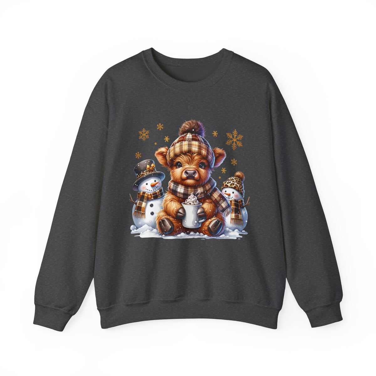 Cute Highland Cow with Snowmen, Winter – Gildan Heavy Blend | Trendy Women’s Soft Sweatshirt. Direct to Garment. Printed & Shipped in the USA. Unisex Sizes.
