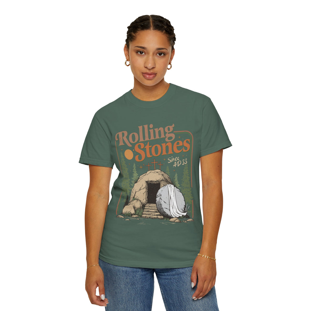 Rolling Stones "Since AD 33" Easter Empty Tomb Christian - Comfort Colors | Trendy Men's and Women's T-Shirt. Direct to Garment. Printed & Shipped in the USA. Unisex Sizes.
