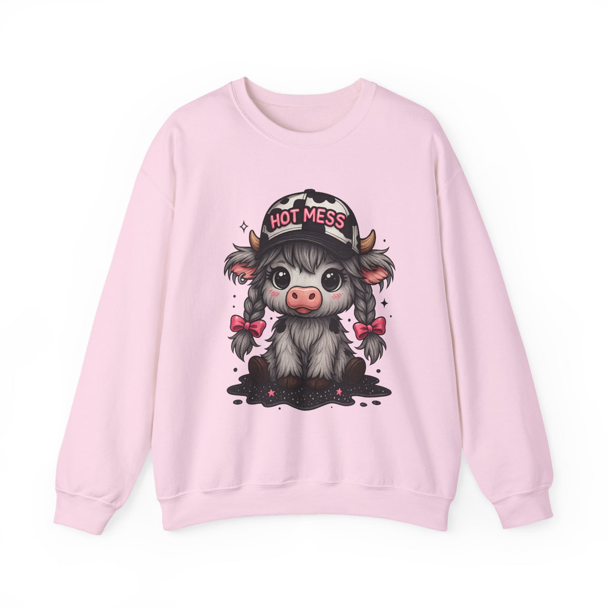Cute Highland Cow 'Hot Mess' In Braids – Gildan Heavy Blend | Trendy Women’s Soft Sweatshirt. Direct to Garment. Printed & Shipped in the USA. Unisex Sizes.