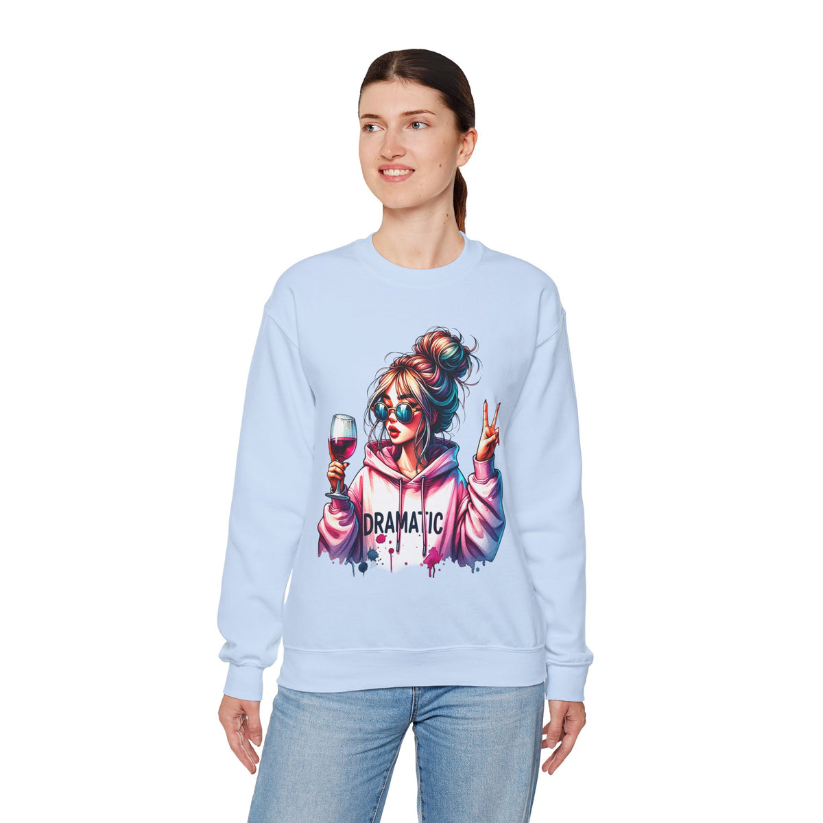 Dramatic Girl With Wine Messy Bun Peace Sign – Gildan Heavy Blend | Trendy Women’s Soft Sweatshirt. Direct to Garment. Printed & Shipped in the USA. Unisex Sizes.