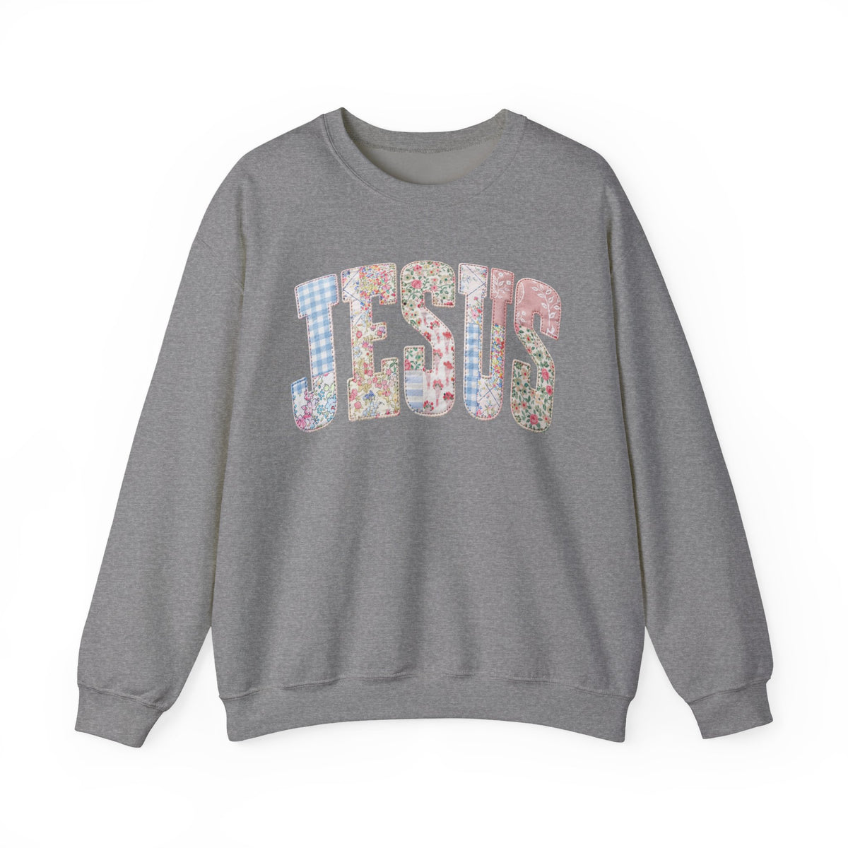 Jesus faux Patchwork – Gildan Heavy Blend | Trendy Women’s Soft Sweatshirt. Direct to Garment. Printed & Shipped in the USA. Unisex Sizes.