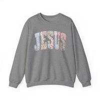 Jesus faux Patchwork – Gildan Heavy Blend | Trendy Women’s Soft Sweatshirt. Direct to Garment. Printed & Shipped in the USA. Unisex Sizes.