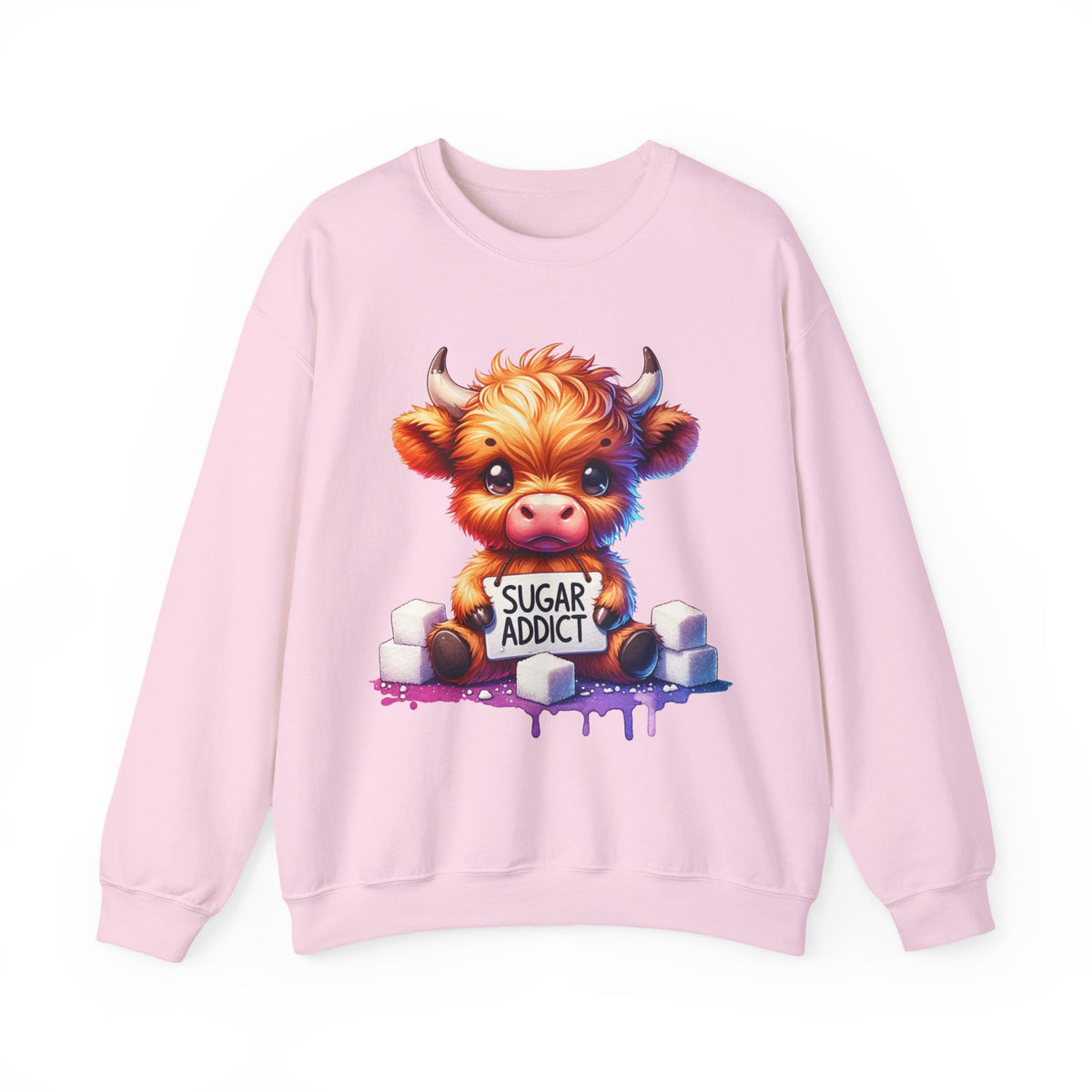 Sugar Addict Highland Cow – Gildan Heavy Blend | Trendy Women’s Soft Sweatshirt. Direct to Garment. Printed & Shipped in the USA. Unisex Sizes.