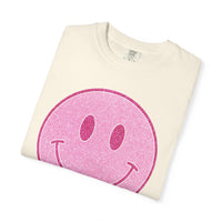 Faux Glitter Smiley - Comfort Colors | Trendy Women's T-Shirt. Direct to Garment. Printed & Shipped in the USA. Unisex Sizes.